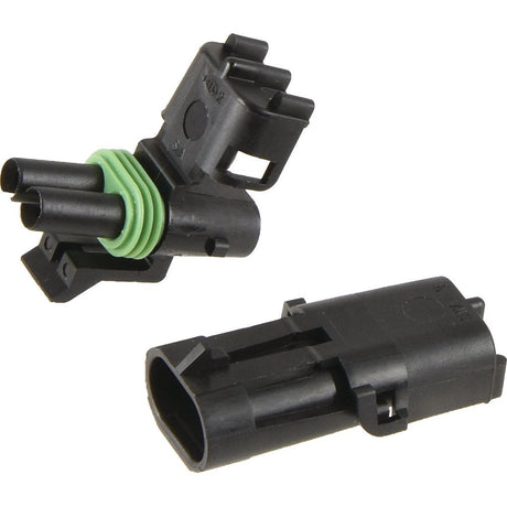 Two black electrical connectors with green seals, shown at different angles, designed for secure wiring connections in various electrical systems. Available as Delphi Weather 2 Pole Refill 4pcs - S.153152 for reliable performance under the Sparex brand.