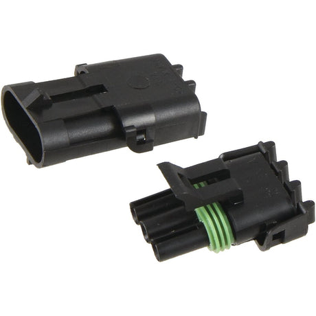 Close-up of two black Delphi Weather 3 Pole Refill electrical connectors from Sparex (product code: S.153153). One male connector is open, revealing green seals and multiple pins, while the female connector is ready for connection.
