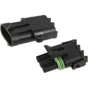 The Delphi Weather 3 Pole Refill 2pcs - S.153153 by Sparex is a two-piece automotive electrical connector with black plastic housing and a green seal, shown separated, featuring both male and female components.