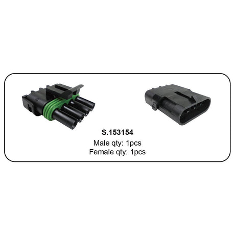 Image showing a black multi-pin electrical connector set with a male and female component, branded as Sparex. Text below reads: "Delphi Weather 4 Pole Refill 2pcs - S.153154 Male qty: 1pcs, Female qty: 1pcs".