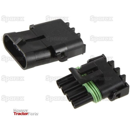 Two black electrical connectors with green seals, shown against a white background. These male and female connectors appear to be from the Sparex brand and are identified as Delphi Weather 4 Pole Refill 2pcs - S.153154, compatible with Massey Tractor parts.