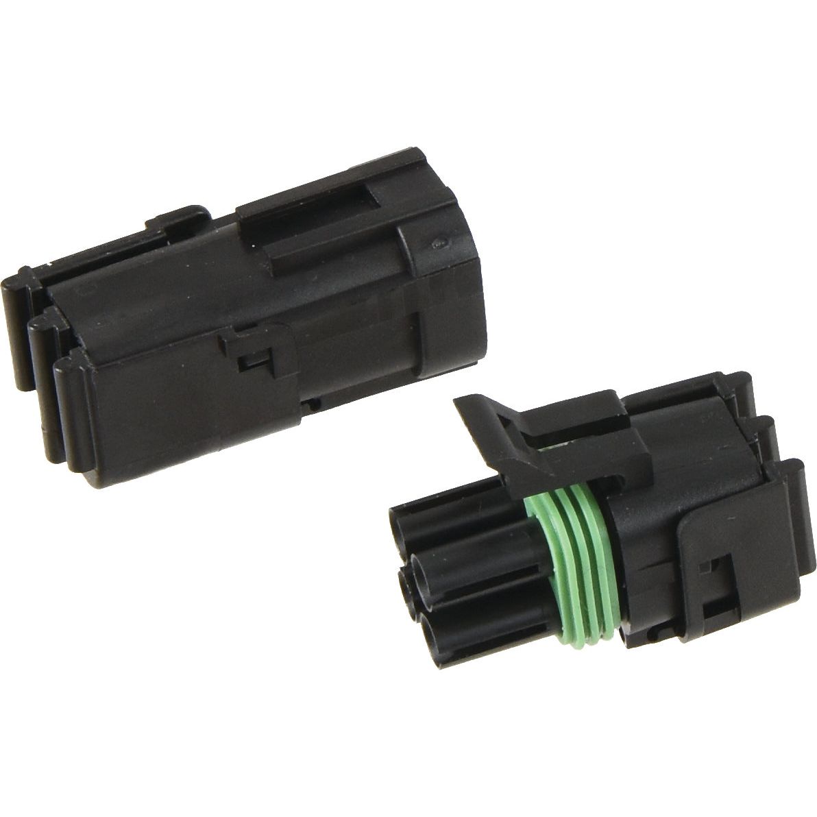 Two Delphi Weather 4 Pole (pin type) connectors from Sparex, each featuring black bodies with green sealing gaskets, are shown in a detached position. One connector is marked as Male 12015798.