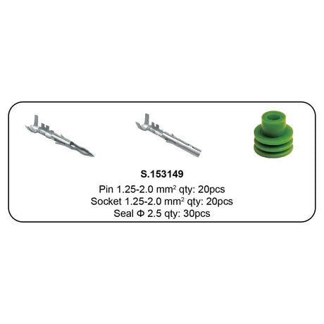 Image displaying different components labeled as Delphi Weather Pin & Seal Refill 70pcs - S.153149 by Sparex, including 20 pieces of Pin 1.25-2.0 mm², 20 pieces of Socket 1.25-2.0 mm², and 30 seals with a Seal Ø 2.5 mm diameter.