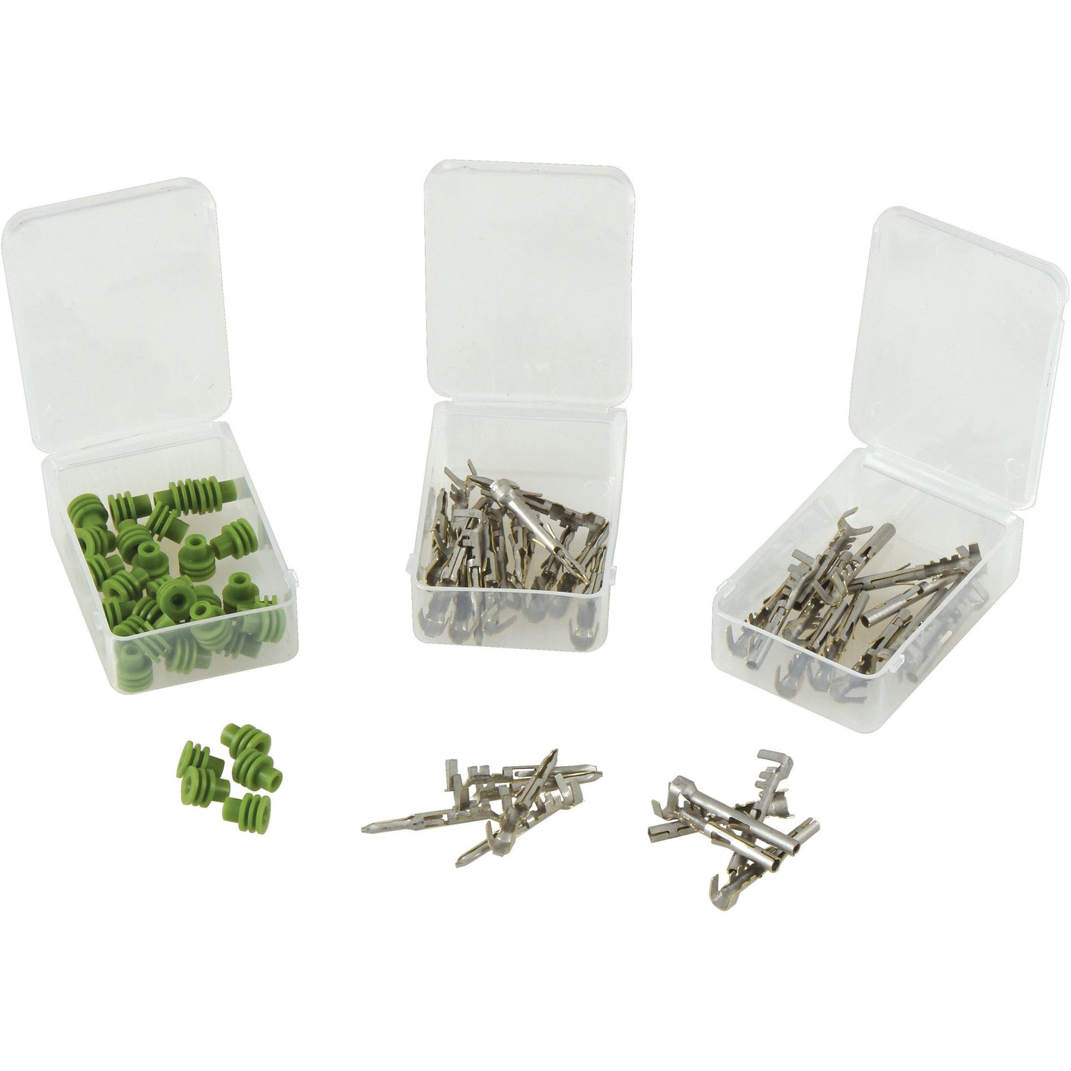 Three open plastic boxes contain various electrical connectors: green plastic connectors and silver metal connectors in two boxes. Additional Delphi Weather Pin & Seal Refill 70pcs - S.153149 by Sparex are spread outside the boxes, ensuring a comprehensive assortment for your needs.
