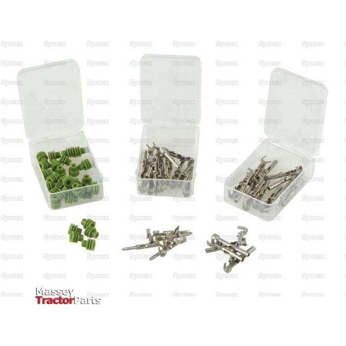 Three open plastic boxes contain small green gears and metal components, with additional parts scattered in front, including a Delphi Weather Pin & Seal Refill 70pcs (S.153149). The "Sparex" logo is at the bottom left corner.