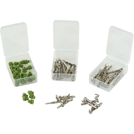 Three open plastic containers house a variety of electrical components from the Delphi Weather Pin & Seal Refill 70pcs by Sparex: green connectors with Pin 1.25-2.0mm² in the left box, metal terminals in the middle and right boxes, and scattered connectors and terminals, including Seal Ø 2.5 items, in front of the boxes.
