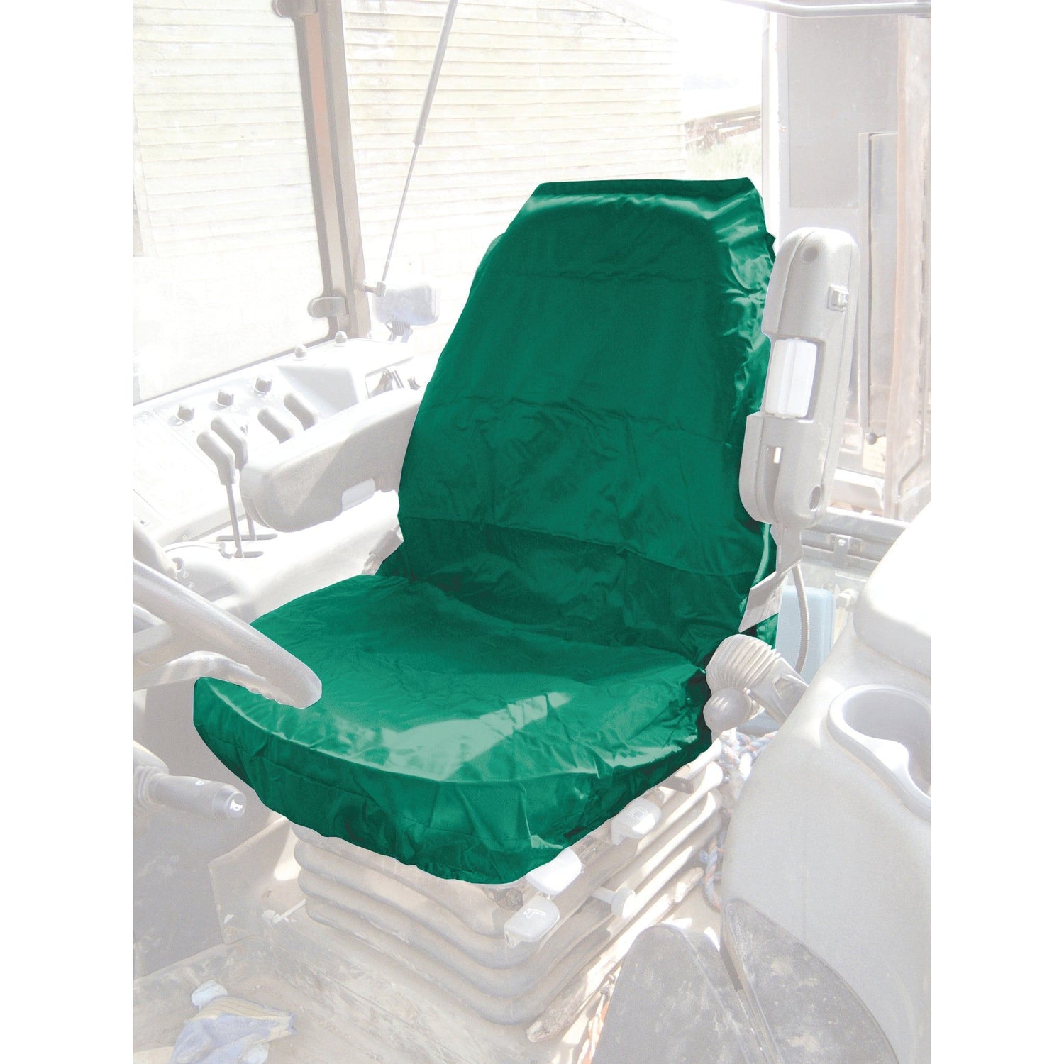 A Deluxe Seat Cover from Sparex (Sparex Part No. S.71830) with a green, waterproof protective cover is placed on the driver's seat of the vehicle. The interior features a steering wheel and control panel, ensuring universal fit for any driver.