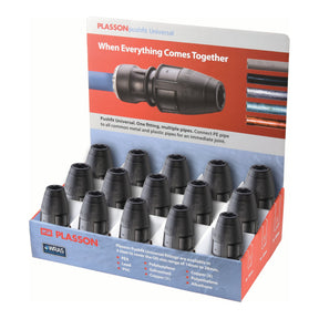 Presenting the Sparex Desk Top Display Box for Plasson Pushfit Couplers (Sparex Part No. S.155265), showcasing a variety of black couplers designed for different types of pipes, including PE, Polybutylene, Copper, PVC, and more.