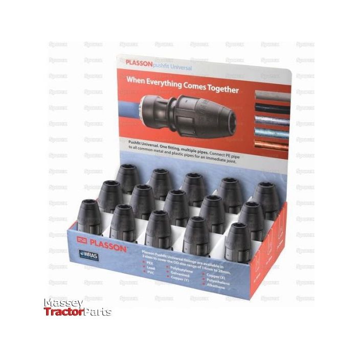A Desk Top Display Box for Plasson Pushfit Couplers, Sparex Part No.S.155265, holding several cylindrical black fittings arranged in two rows. The packaging includes product information and a promotional slogan from the Sparex brand.
