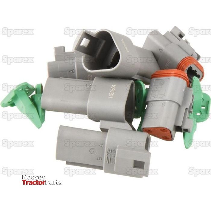 A bag containing six grey and green Deutsch DT Connector 3 Pole connectors is displayed on a white background. Various text and logo watermarks from Sparex and "Massey Tractor Parts" highlight their OEM quality.