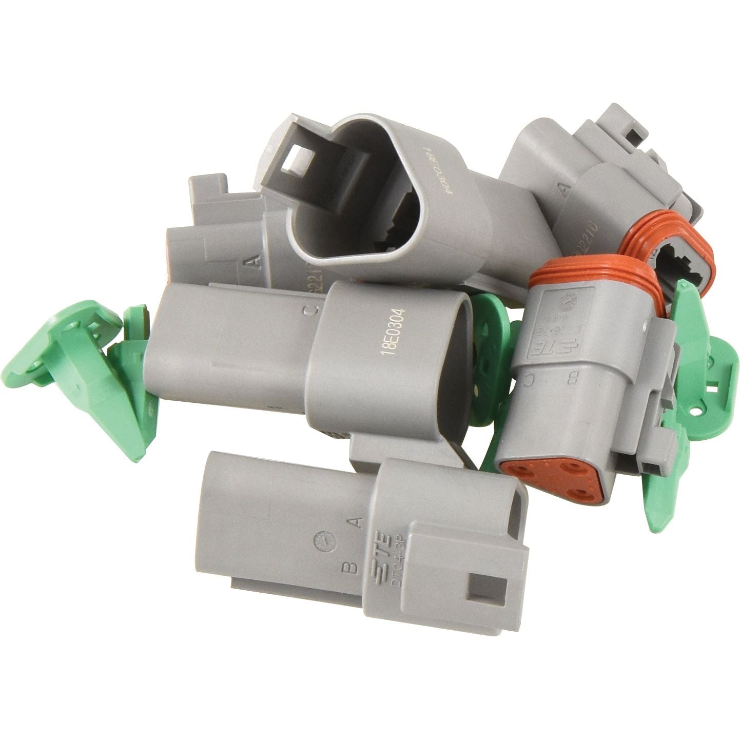 A pile of Deutsch DT Connector 3 Pole electrical connectors, gray and green, 6 pcs. (Bag) - S.153143 by Sparex.