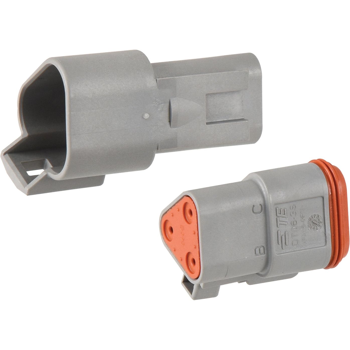 The Deutsch DT Connector 3 Pole, 6 pcs. (Bag) - S.153143 by Sparex includes two grey plastic electrical connectors with orange accents, one male and one female, specifically designed for secure 3-pole connections. Perfect as an OEM reference or Sparex part for various applications.
