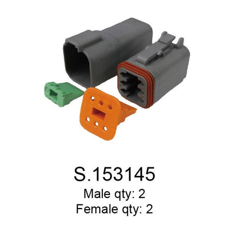 Image of Deutsch DT Connector 6 Pole 4 pcs. (Bag) - S.153145 shown. Includes 2 male and 2 female parts, compatible as a 6 Pole Connector. OEM Ref available through Sparex.

