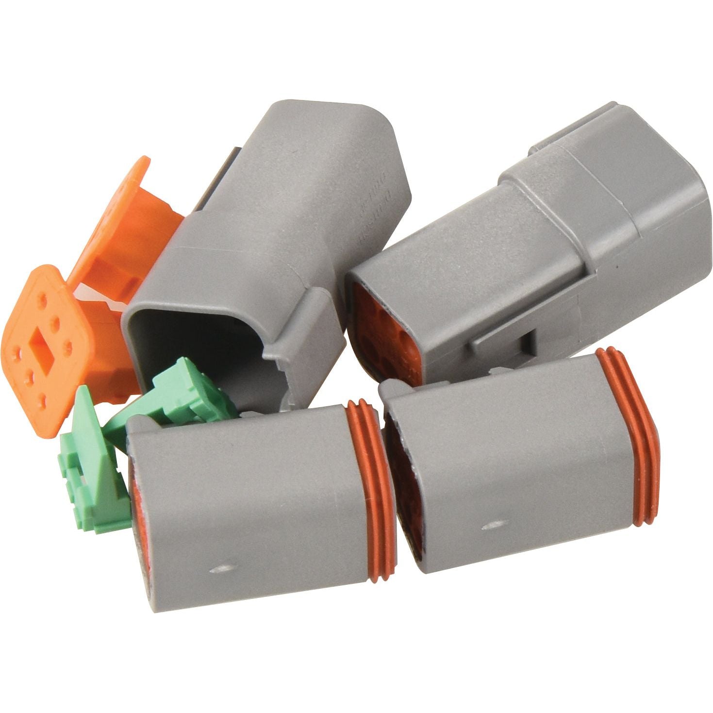 Gray and orange Deutsch DT Connector 6 Pole (4 pieces per bag) - S.153145, arranged on a white background, showcasing high-quality Sparex parts.