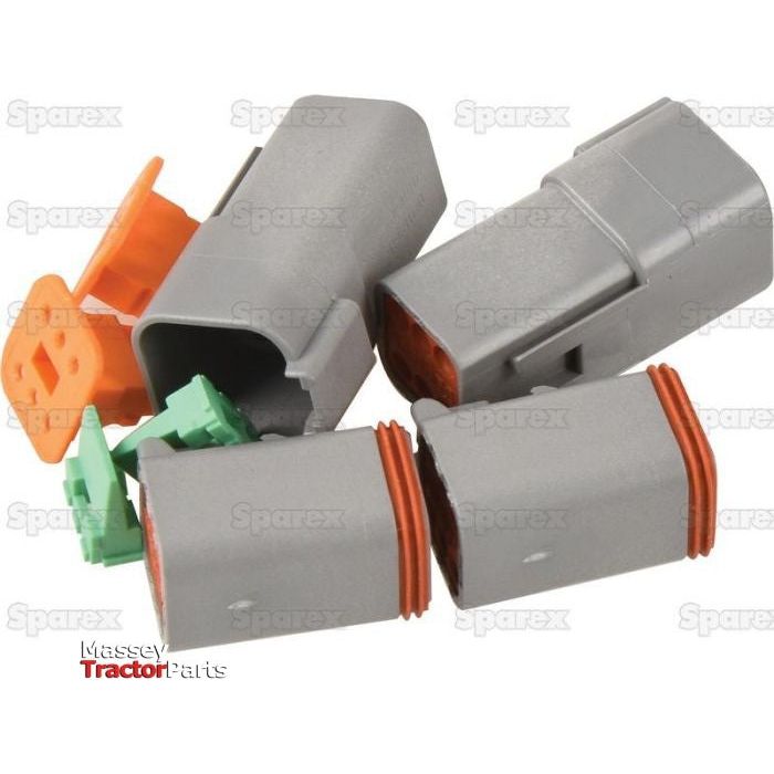 Set of Deutsch DT Connector 6 Pole, gray plastic with orange gaskets and green inserts, used in automotive or machinery applications. The background features a "Sparex" watermarked text and the "Massey Tractor Parts" logo is partially visible. This product includes OEM references for reliable compatibility. Part Number: S.153145; Package contains 4 pieces per bag.