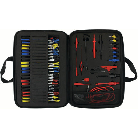 An open black zippered case containing the Diagnostic test lead set - S.151759 by Sparex, which includes various electronic testing tools such as cables, probes, and connection leads arranged neatly in slots and pockets for effective automotive diagnostics.