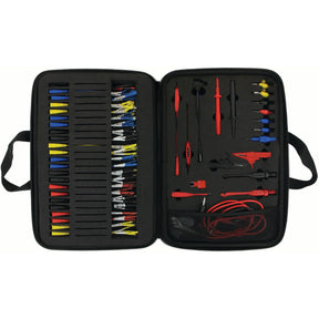 Product Description: The Sparex Diagnostic Test Lead Set - S.151759 features a zip-up tool case containing an assortment of colored connection leads, alligator clips, and other accessories for automotive diagnostics, all neatly organized in individual slots.