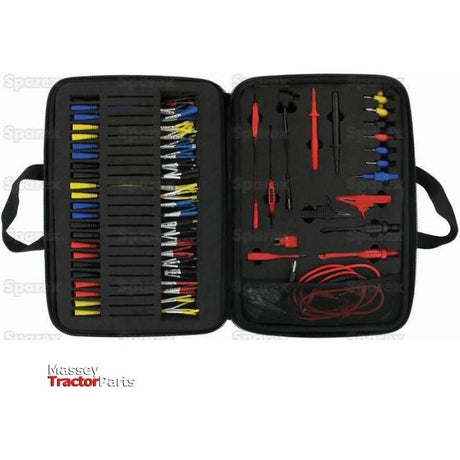 A zippered black toolkit case is open, revealing assorted connection leads, probes, and multimeter accessories arranged in organized slots, perfect for automotive diagnostics. The Diagnostic test lead set - S.151759 by Sparex features the Massey Tractor Parts logo at the bottom.