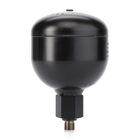 A black industrial gas cylinder, branded as AGCO's Fendt - Diaphragm Accumulator (G718960020011), designed for pressurized applications similar to those found in Fendt Vario models and featuring a nozzle at the bottom, akin to hydraulic accumulators.