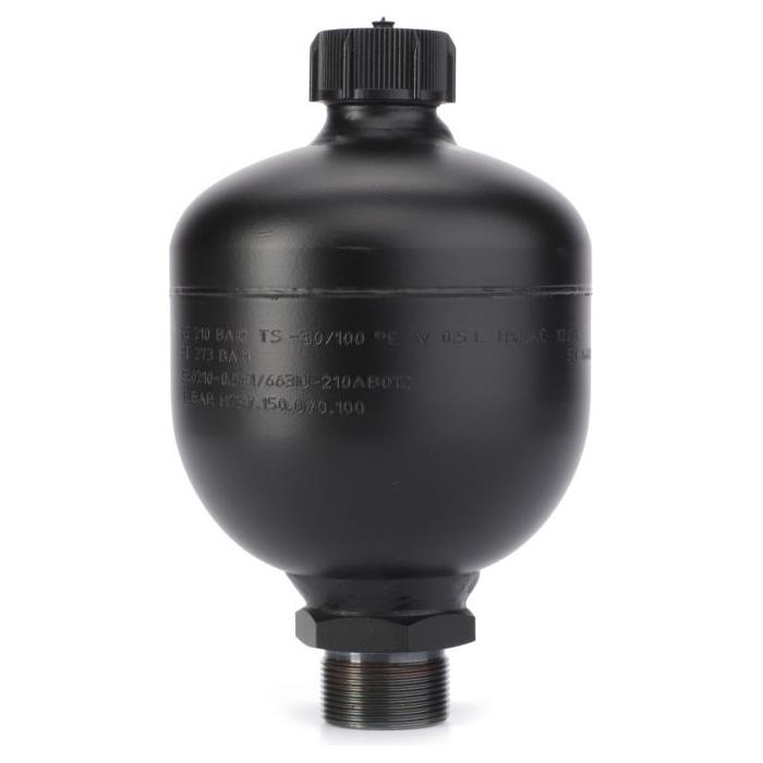 The Fendt - Diaphragm Accumulator - H737150070100 by AGCO is a black hydraulic accumulator with a cylindrical shape, compatible with both Fendt Vario and Massey Ferguson models. It features a threaded bottom connection and has a cap on top.