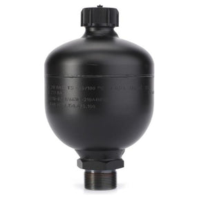 The Fendt - Diaphragm Accumulator - H737150070100 by AGCO is a black hydraulic accumulator with a cylindrical shape, compatible with both Fendt Vario and Massey Ferguson models. It features a threaded bottom connection and has a cap on top.