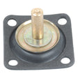 Introducing the Sparex Diaphragm (Sparex Part No.S.41877), a square black rubber gasket featuring a central metal rod and four corner holes, engineered for precise pressure control.