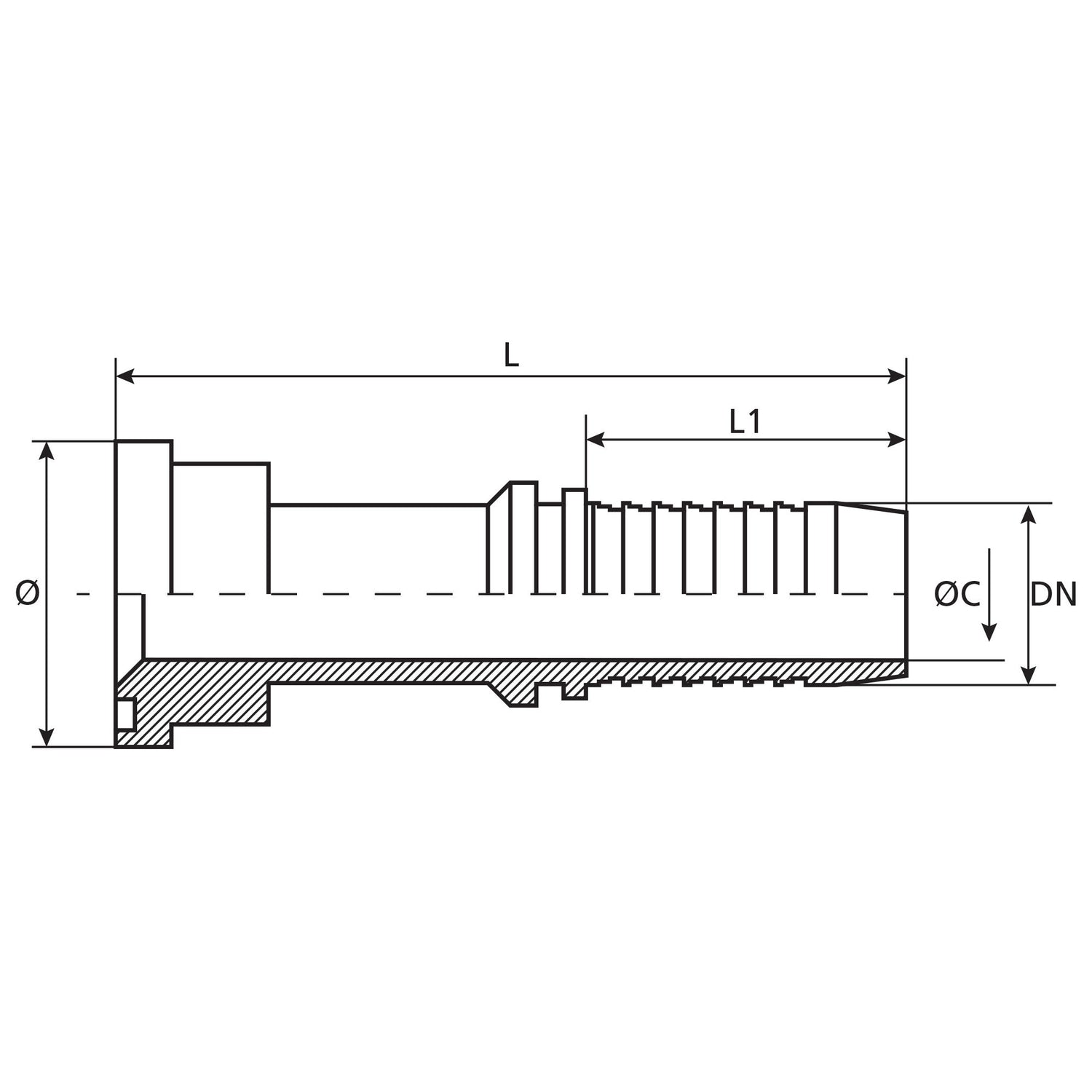 Technical diagram of a mechanical component with specified measurements including lengths (L, L1), diameters (Ø, ØC, DN), and a Dicsa 3/4'' x 44.5mm Straight Flange designed for 3000psi pressure conditions (Sparex Part No.S.116930) by Sparex.