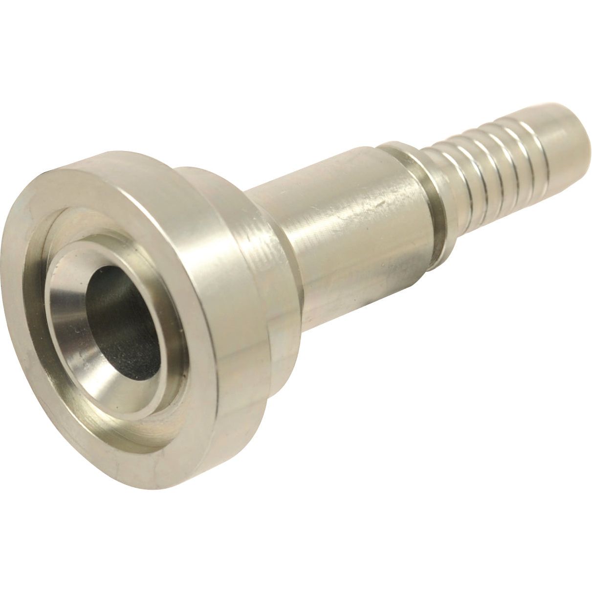 A close-up image of the Sparex Dicsa 3/4'' x 44.5mm Straight Flange (3000psi), a metallic cylindrical fitting featuring a flanged end and ridged entry point, designed for high-pressure applications up to 3000psi.