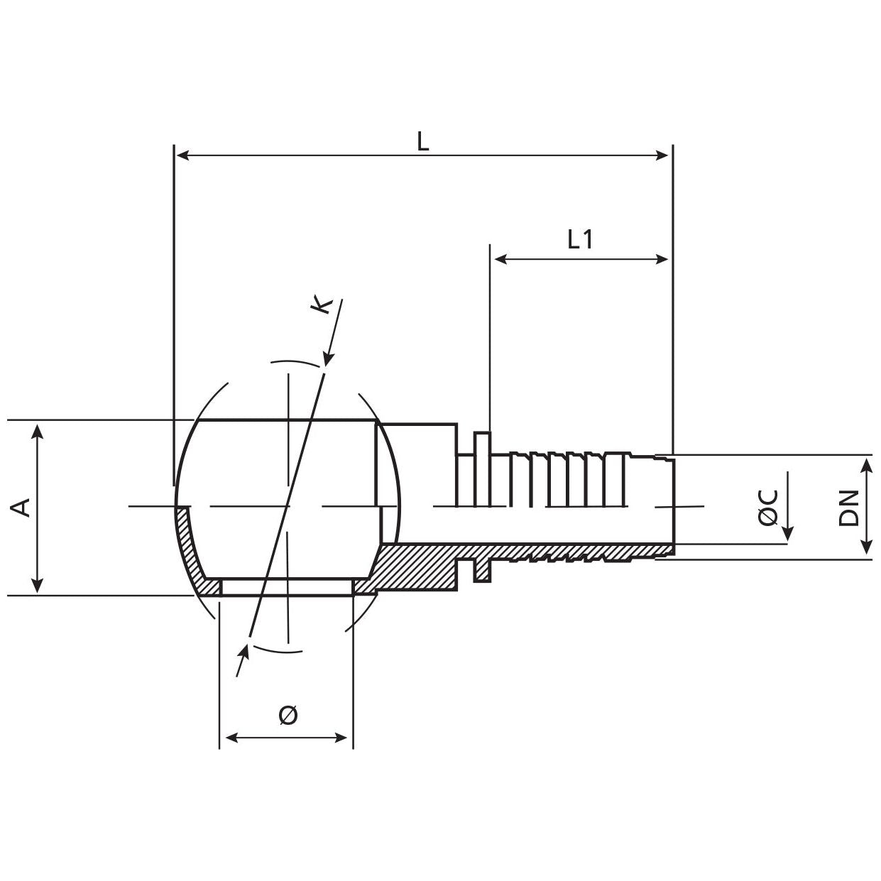 Technical drawing depicting a cross-sectional view of a Dicsa BSP Banjo Insert 1'' x 1'' Ø (Sparex Part No.S.116710) mechanical component, including dimensions such as lengths (L, L1), diameters (Ø, ØC, DN), and height (A), featuring a 1 inch fitting for precise integration.