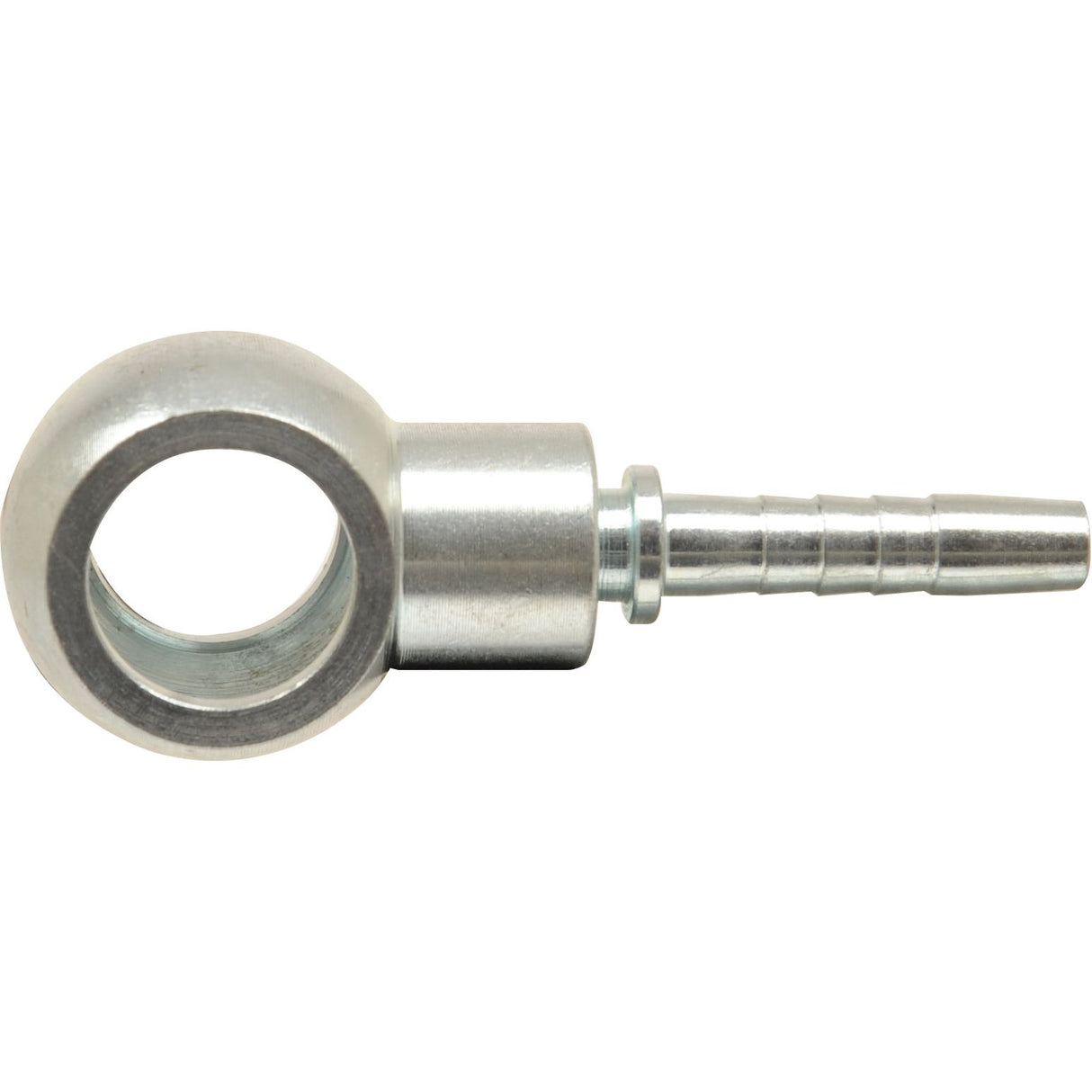 The Sparex Dicsa BSP Banjo Insert 1'' x 1'' Ø (Sparex Part No. S.116710) is a metal barbed hose fitting featuring a circular flange on one end and a tapered barbed end on the other, engineered for secure hose connections. This 1-inch fitting is ideal for various applications, ensuring reliable and tight fittings.