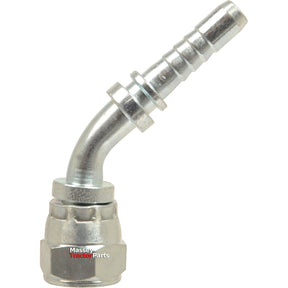 Image of a metal hydraulic hose fitting with a 135° swept, ribbed end and a threaded base. Text on the fitting reads "Massey Tractor Parts." This Dicsa JIC 37° Hose Insert features a 1/2'' x 7/8'' Female Thread and is compatible with Dicsa JIC connections. Product name: Sparex Part No.S.56107.
