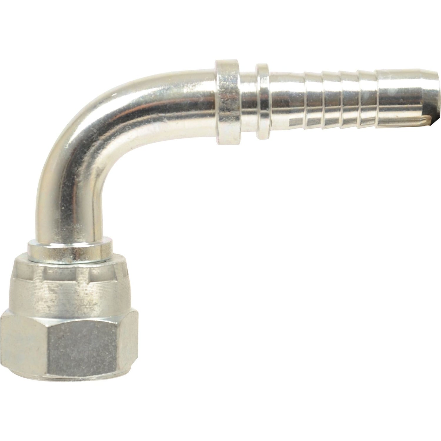 A Sparex Dicsa JIC 37° Hose Insert with a 3/8'' x 5/8'' female thread and a hexagonal nut base, featuring a 90° swept swivel for secure connection | Sparex Part No. S.116734.