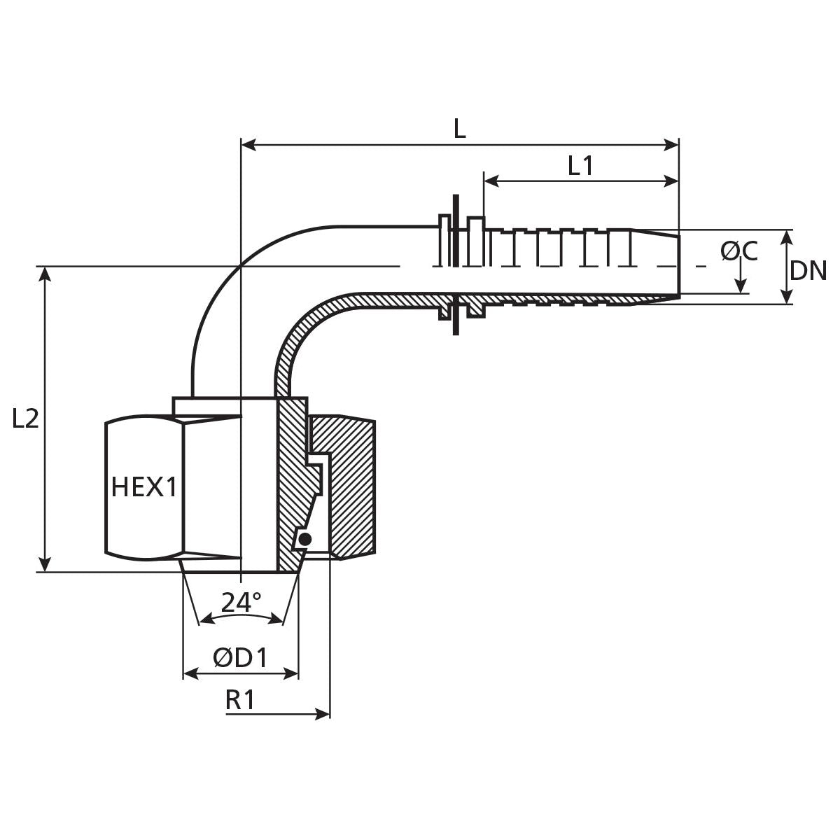 Dicsa Dicsa Metric 24° Hose Insert 1/4" x M12 x 1.5 (6L)  Female Thread 90° Swept Swivel With O-Ring - S.26579 - Farming Parts