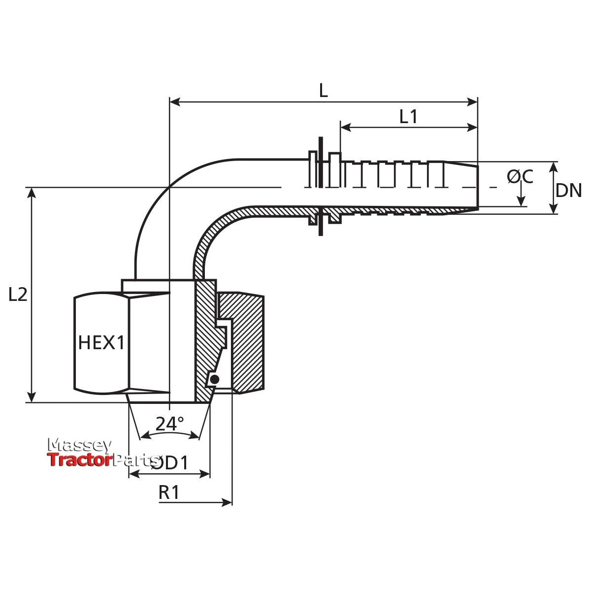 Dicsa Dicsa Metric 24° Hose Insert 1/4" x M14 x 1.5 (8L)  Female Thread 90° Swept Swivel With O-Ring - S.53331 - Farming Parts