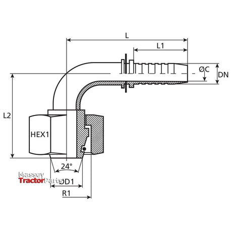 Dicsa Dicsa Metric 24° Hose Insert 1" x M36 x 2 (25S)  Female Thread 90° Swept Swivel With O-Ring - S.116781 - Farming Parts