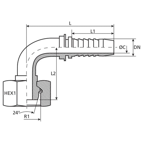 Dicsa Dicsa Metric (French Gas) 24° Hose Insert 3/8" x M20 x 1.5 Female Thread 90° Swept Swivel - S.116905 - Farming Parts