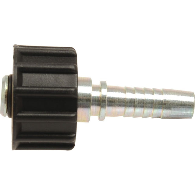 A metal barbed hose connector featuring a 1/4" female thread and a black plastic wing nut fitting, also known as the Sparex Dicsa Metric (Karcher) Hose Insert 1/4'' x M22 x 1.5 Female Thread Straight Swivel Cone Overlay (Sparex Part No.S.56414).