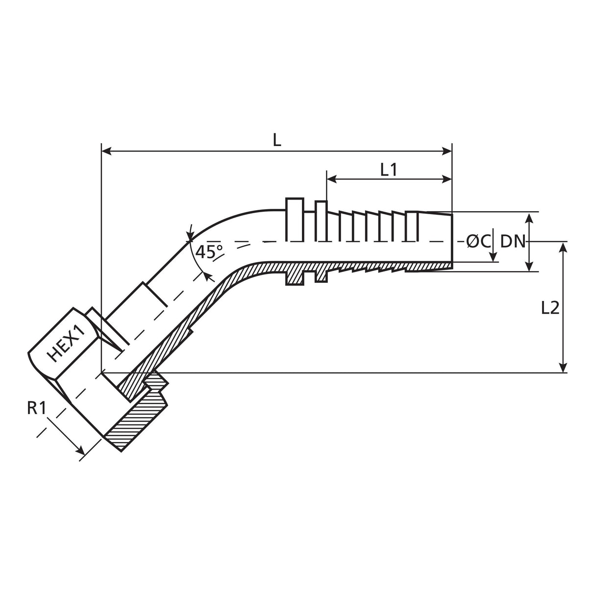 Dicsa Dicsa ORFS Hose Insert 1/4" x 11/16" Female Thread 135° Swept Swivel - S.28741 - Farming Parts