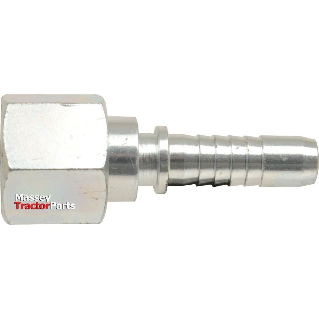 Image of a metallic hose fitting with a hexagonal nut and a ribbed barb, labeled with "Massey Tractor Parts" on the nut. This Sparex Dicsa ORFS Hose Insert 5/8'' x 1'' Female Thread Straight Swivel (Sparex Part No.S.28736) features a female thread for easy connectivity and includes a straight swivel design, ensuring secure and flexible installations.