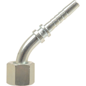 The Dicsa Metric 24°/60° Hose Insert 3/8'' x M18 x 1.5 (12L) 135° Swept Swivel from Sparex, also known by the part number S.116883, features a hexagonal base and a curved, ribbed nozzle designed for optimal flexibility with its 135° swept swivel.