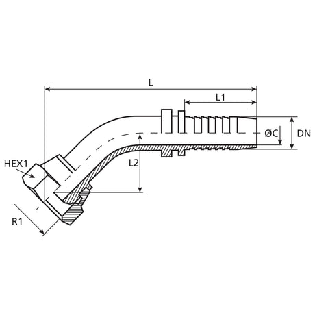 Technical drawing of the Sparex Dicsa Metric 24°/60° Hose Insert 5/8'' x M26 x 1.5 (18L) 135° Swept Swivel, labeled for length, diameter, and hex size, with Sparex Part No.S.116885.