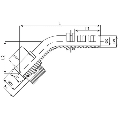 Dicsa Metric 24&deg; Hose Insert 1/2'' x M24 x 1.5 (16S) 135&deg; Swept Swivel With O-Ring
 - S.116764 - Farming Parts