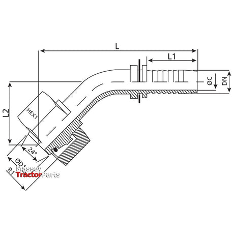 The technical drawing of the Dicsa Metric 24° Hose Insert, featuring a 3/8'' x M18 x 1.5 (12L) configuration and a 135° swept swivel with an O-Ring, displays various labeled dimensions, including length (L), outer diameter (OD), hex size, and specific O-Ring placement. The detailed specifications are provided through precise measurements and annotations for clarity. This product is available under Sparex Part No.S.53344 from the brand Sparex.
