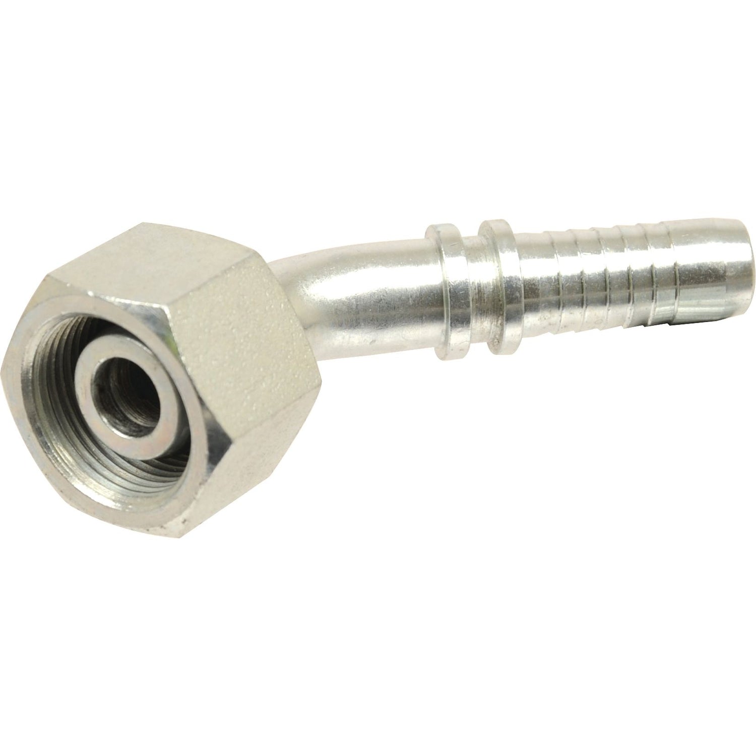 A metal hexagonal connector fitting with a ridged hose tail, such as the Sparex Dicsa Metric 24° Hose Insert 3/8'' x M20 x 1.5 (12S) 135° Swept Swivel With O-Ring (Sparex Part No. S.116762), used for connecting hoses to various equipment or systems.