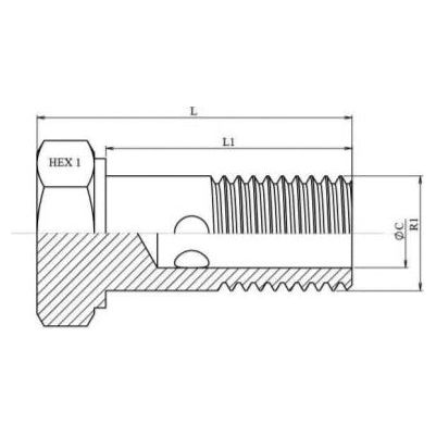 Technical drawing of the Sparex Dicsa Metric Banjo Bolt M16 x 1.5, Part No. S.116865, with measurements labeled. The bolt includes a hexagonal head, a partial cross-section view, and dimensions marked as L, L1, R1, and C.