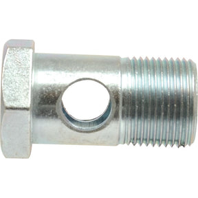 A silver Dicsa Metric Banjo Bolt M16 x 1.5 (Sparex Part No.S.116865) from Sparex, featuring a hole through its shaft and threaded end, viewed from the side against a white background.