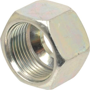 Close-up of a Sparex Dicsa Metric Nut M22 x 1.5 (15L) | Sparex Part No.S.116825, featuring a threaded interior designed for fastening objects together.