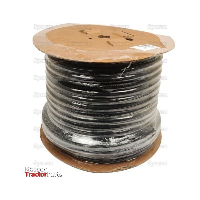 A large spool of black cable wrapped in plastic with cardboard flanges labeled "Sparex" and "Massey Tractor Parts," featuring Dicsa Trale Hydraulic Hose - 1/2'' 2SC 2 Wire Compact, compliant with ISO 11237.