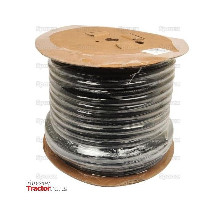 A large spool of black hose, labeled "Dicsa Trale Hydraulic Hose - 1'' 2SN 2 Wire Standard (Cardboard Reel)" and "Sparex," is wrapped in plastic with cardboard discs on the top and bottom. The hose meets specifications like SAE100 R2AT and DIN EN853-2SN.