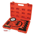 The open red plastic carrying case, containing the Sparex Diesel Compression Tester - S.26265 along with various automotive tools and connectors designed for maintenance and repair tasks, is laid out for display.